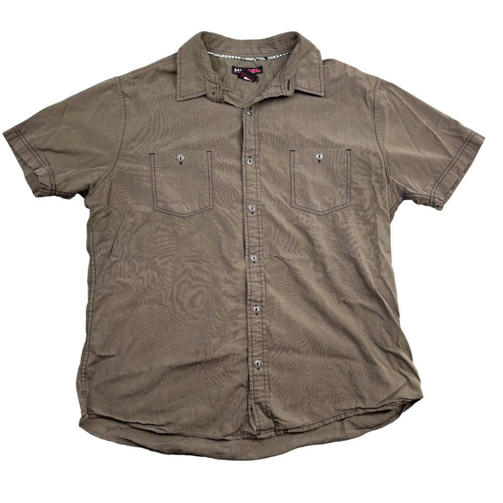 Y2K Tony Hawk Mens XL Short Sleeve Button Down Shirt Olive Brown Cotton